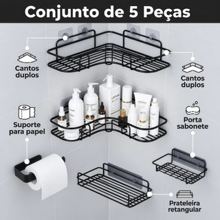 Kit Banheiro 5 Peças Prateleira Organizadora Sem Furo Suporte Papel Saboneteira