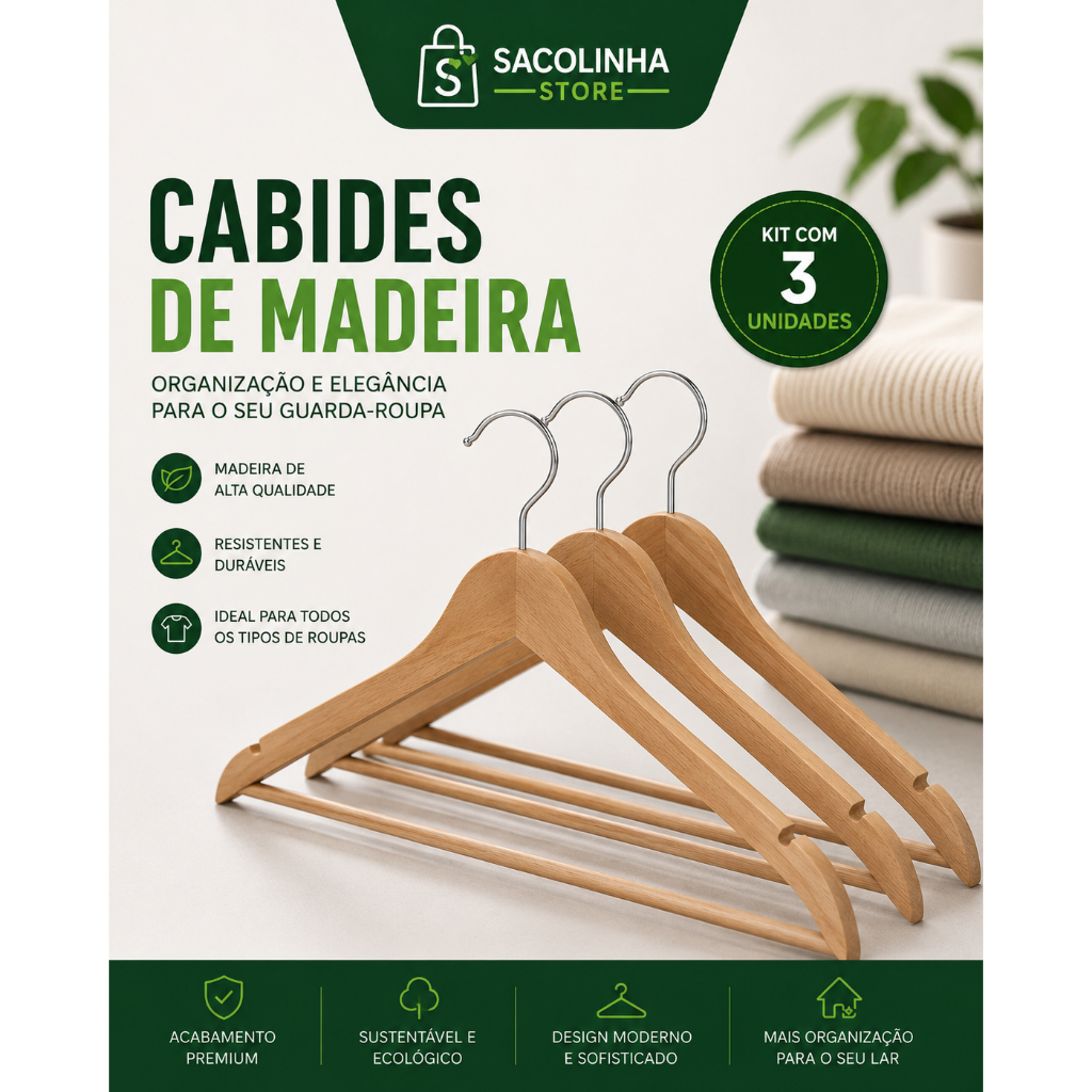 Kit 3 Cabides de Madeira Premium Reforçados para Roupas | Organizador Guarda-Roupa Elegante
