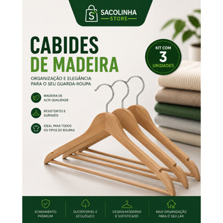Kit 3 Cabides de Madeira Premium Reforçados para Roupas | Organizador Guarda-Roupa Elegante