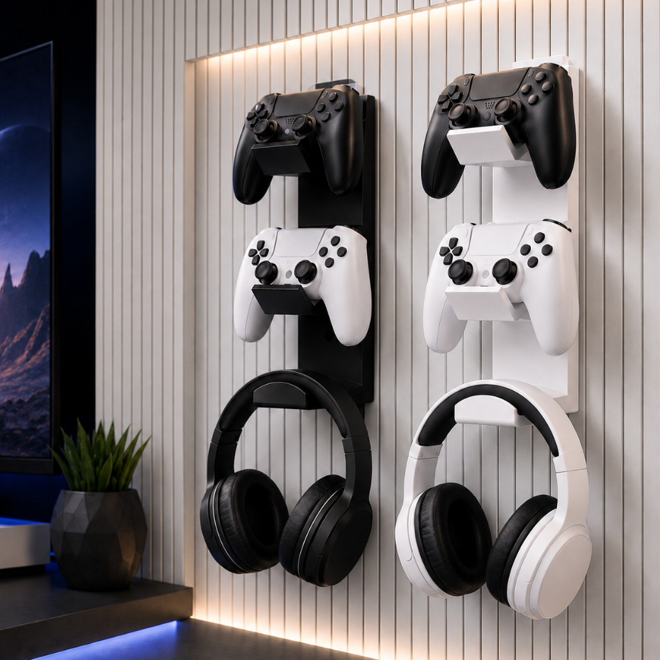 Suporte Controle Gamer Parede Para 2 Controles E Headset Fone Preto Branco