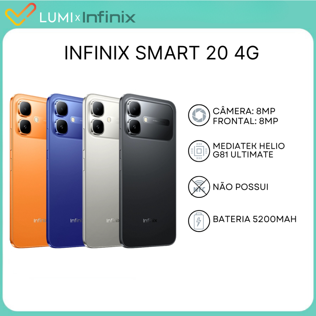 Infinix Smart 20 4G, 128GB + 4GB RAM, Versão Global, Processador MediaTek Helio G81 Ultimate, Bateria 5200mAh