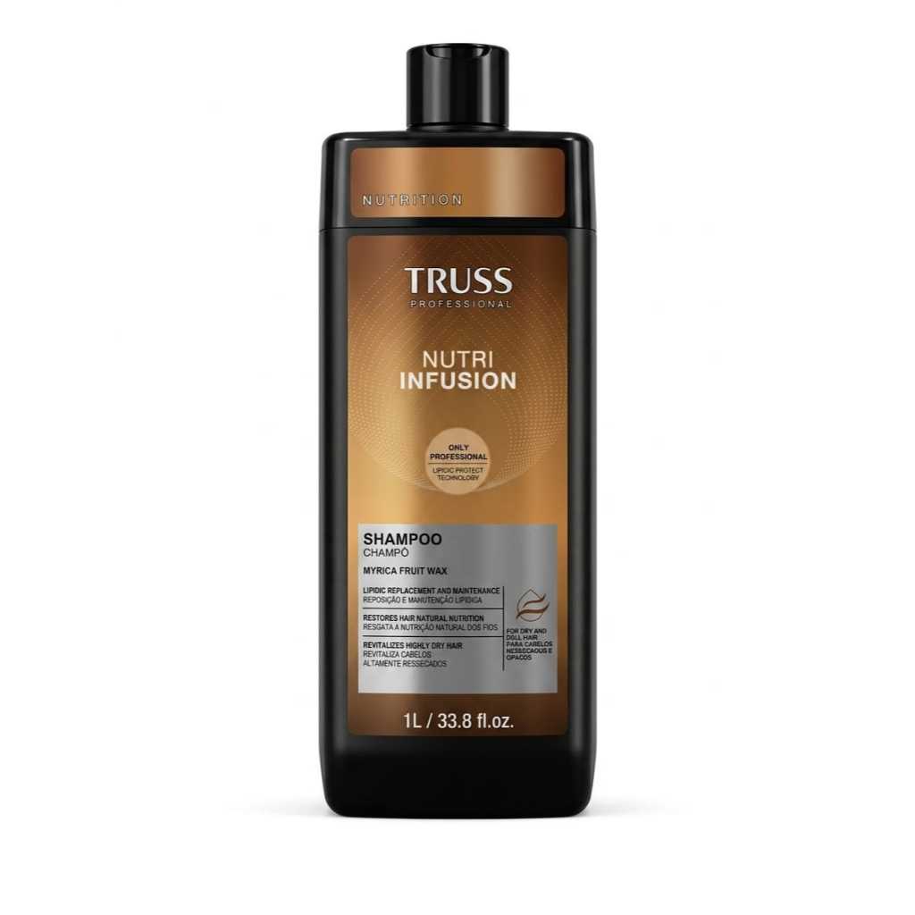 shampoo Truss Nutri Infusion 1L: Limpeza nutritiva e restauração lipídica contra o ressecamento.