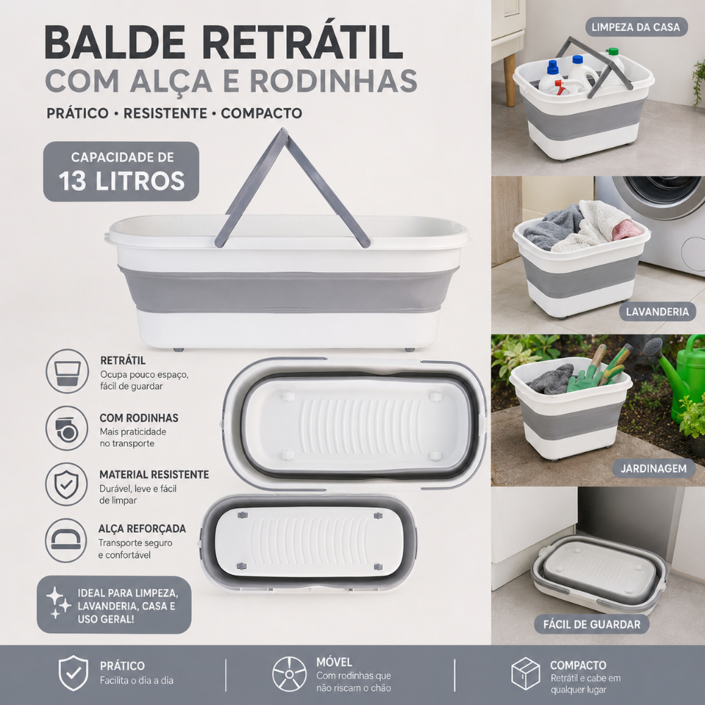 Balde Retratil SILICONE E PLASTICO 13L com 4 Rodinhas Flexível com alças branco e cinza