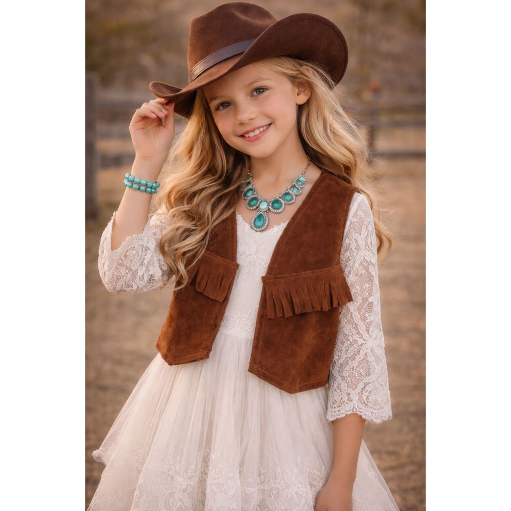 Colete Country Infantil Franja Camurça Estilo Cowboy Premium Luxo Menina Festa Junina Arraial