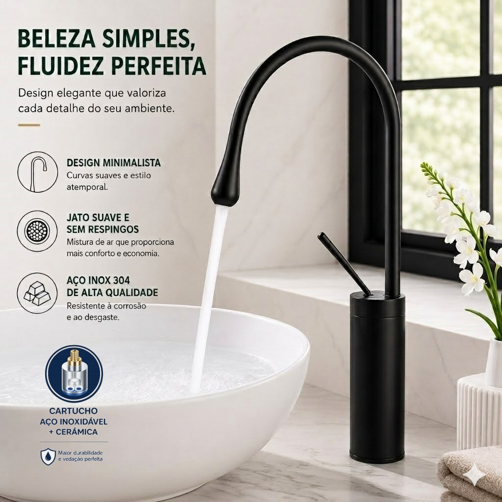 Torneira Pia Banheiro Preta Fosca Luxo Material Cobre Misturador Monocomando Alta 45cm Yesop