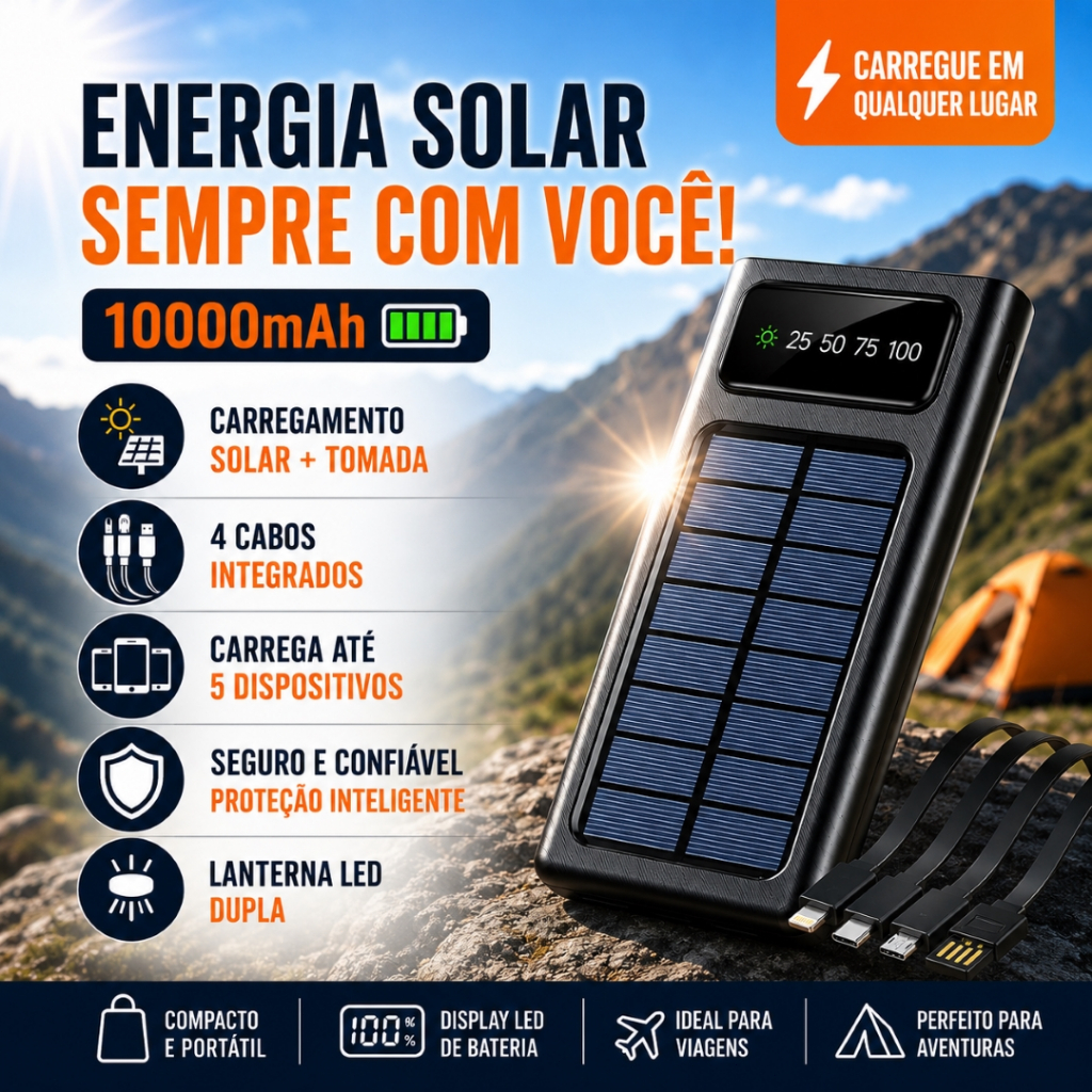 Carregador Portátil Power Bank Solar 10000mAh Com 4 Cabos - Alta Capacidade Universal