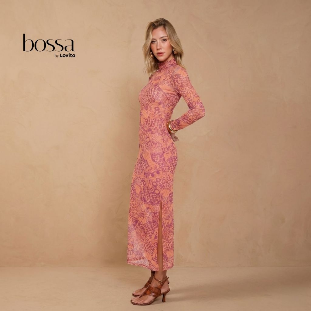 Lovito Bossa Vestido Feminino Longo de Tule Com Mangas Longas Estampa Borboletas