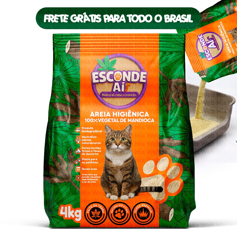 Areia de Mandioca Esconde Aí 4KG Grãos Finos Granulado Sanitário Biodegradável Com Alta Absorção e Forma Torrões Firmes