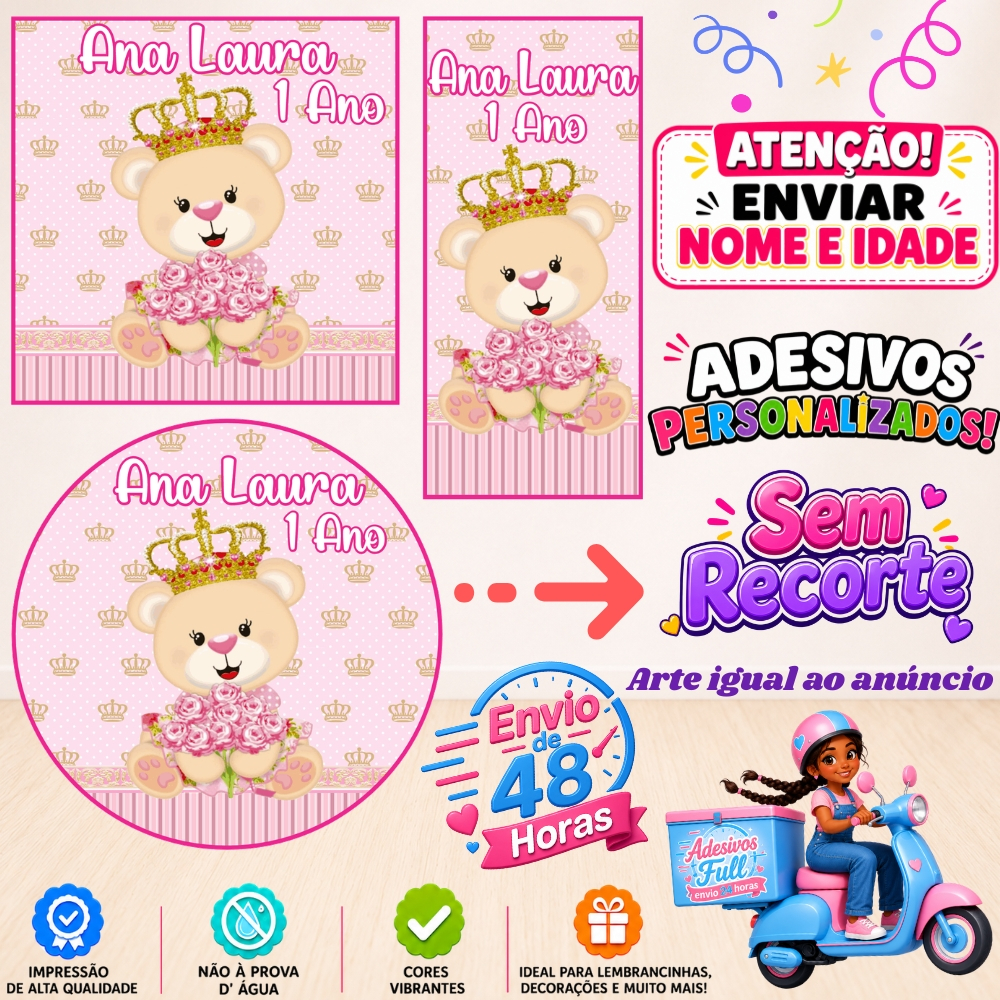 Ursinha Princesa Rosa - 100/60/40 Adesivos Personalizados Lembrancinhas Festa Aniversário