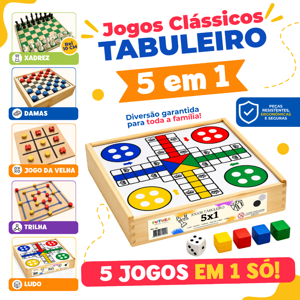 Jogo Tabuleiro Jogos Clássicos 5x1 Dama Jogo Da Velha Ludo Trilha Xadrez