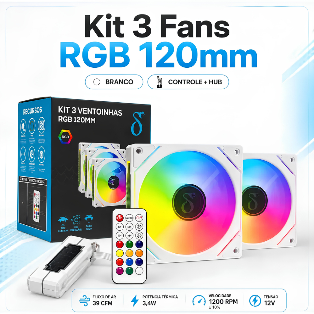 Kit Ventoinhas ARGB 3 Peças 120mm 39 CFM com 3 Ventoinhas + Hub + Controle Remoto Inclusos