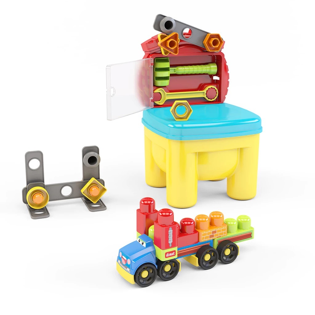 Cadeirinha de Mecânico Didática com Caminhão 35 Pçs Dismat blocos de montar - infantil brinquedo menino ferrmenta- MK457