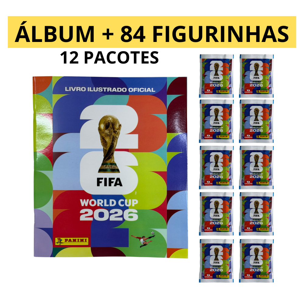 ÁLBUM + 12 PACOTINHOS PACOTE ENVELOPES 84 FIGURINHAS DA COPA DO MUNDO 2026 ORIGINAL PANINI LIVRO ILUSTRADO OFICIAL FIFA