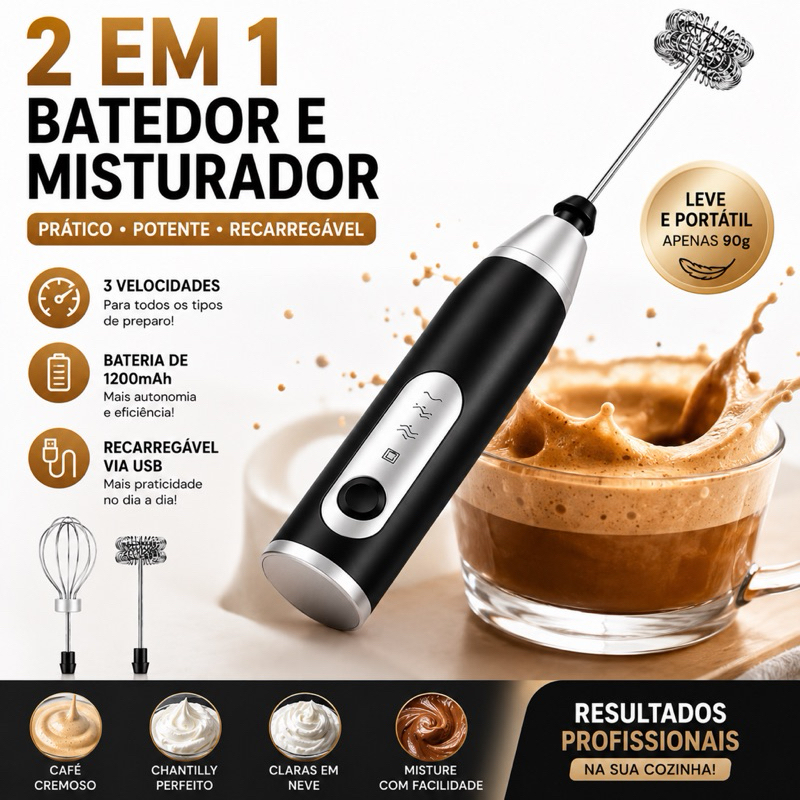 Mini Batedor Mixer Elétrico Recarregável USB 2 em 1 Espumador de Leite Mixer para Café Cremoso