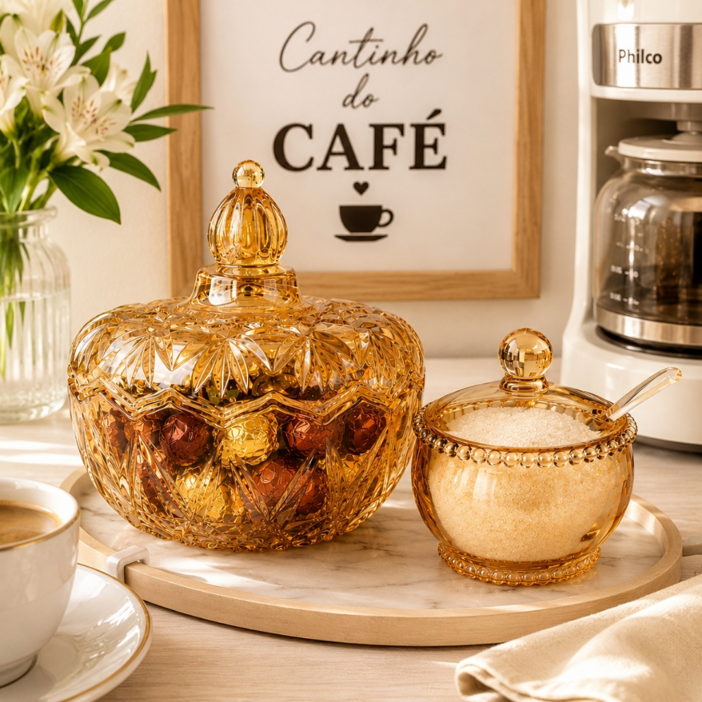 Kit Bomboniere Potiche de Vidro Âmbar Açucareiro Âmbar Cristal Pearl Cantinho do Café
