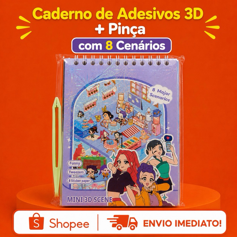Caderno Infantil de Adesivos 3D + Pinça | Livro Criativo Educativo Divertido Crianças