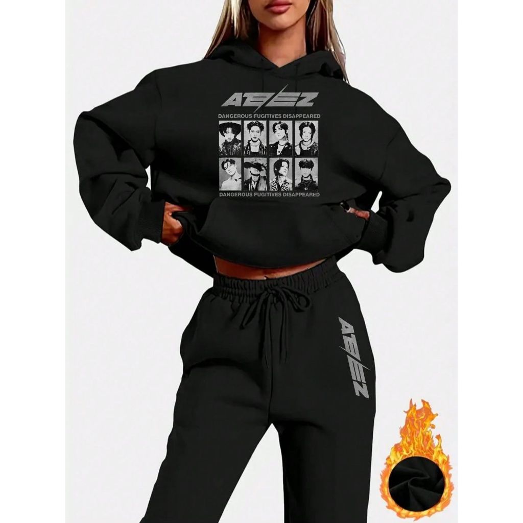 Comjunto Moletom + Calça   ATEEZ Kpop Feminino Flanelado Capuz Estampa Premium