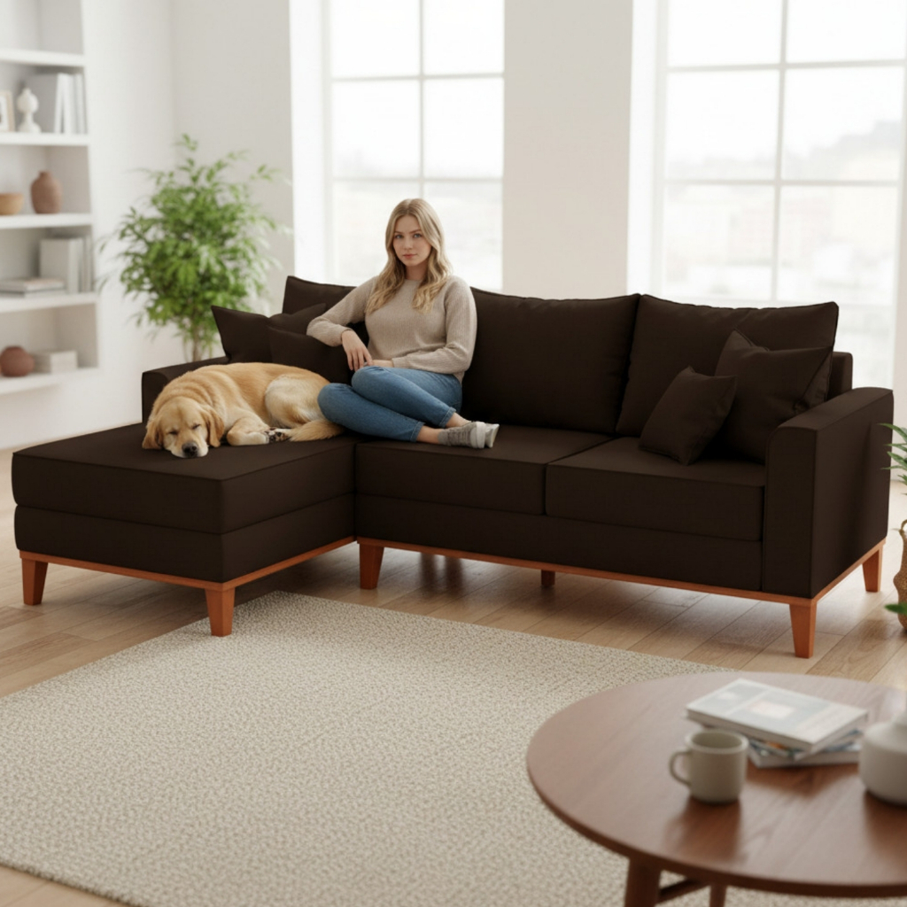 Sofá 3 Lugares Beny com Chaise Esquerdo Corino Marrom
