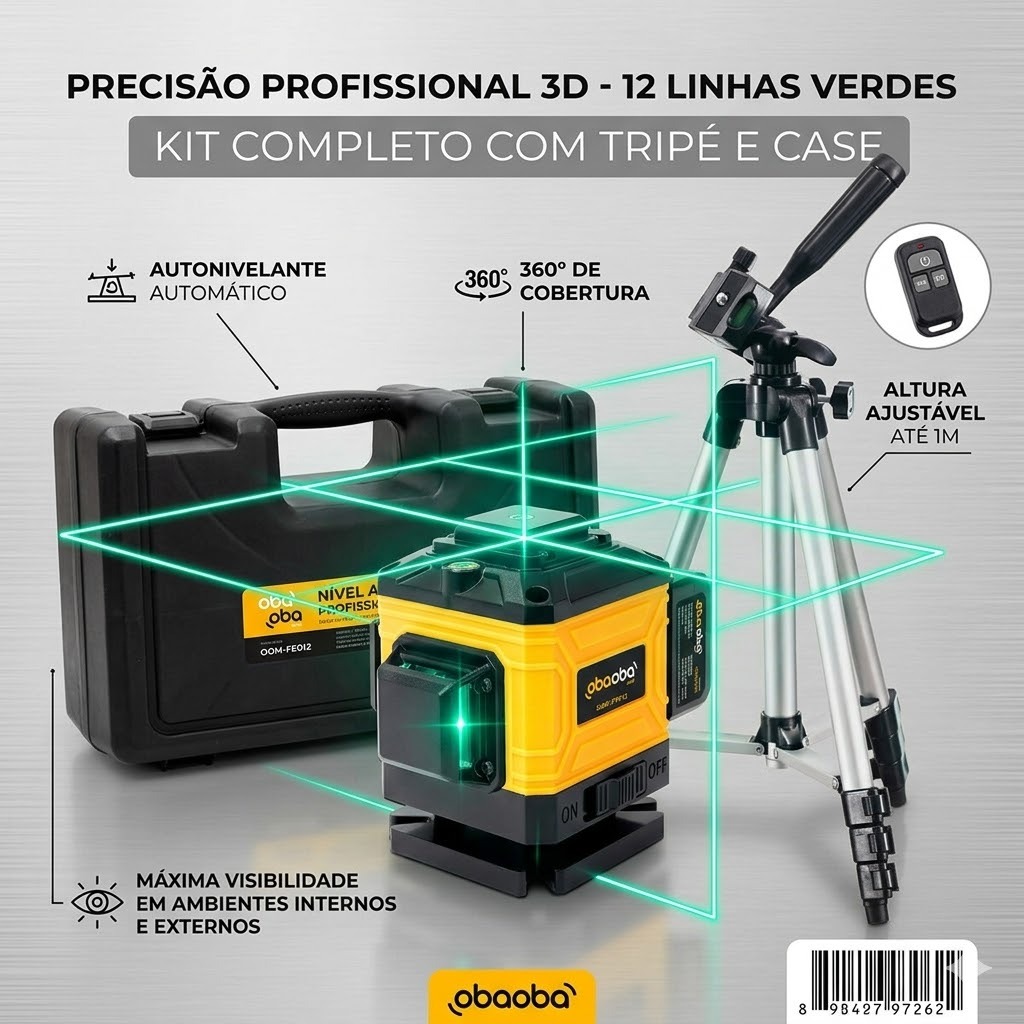 Nível a Laser Profissional 12 Linhas 3D Verde + Tripé e Acessórios – Autonivelante 360°