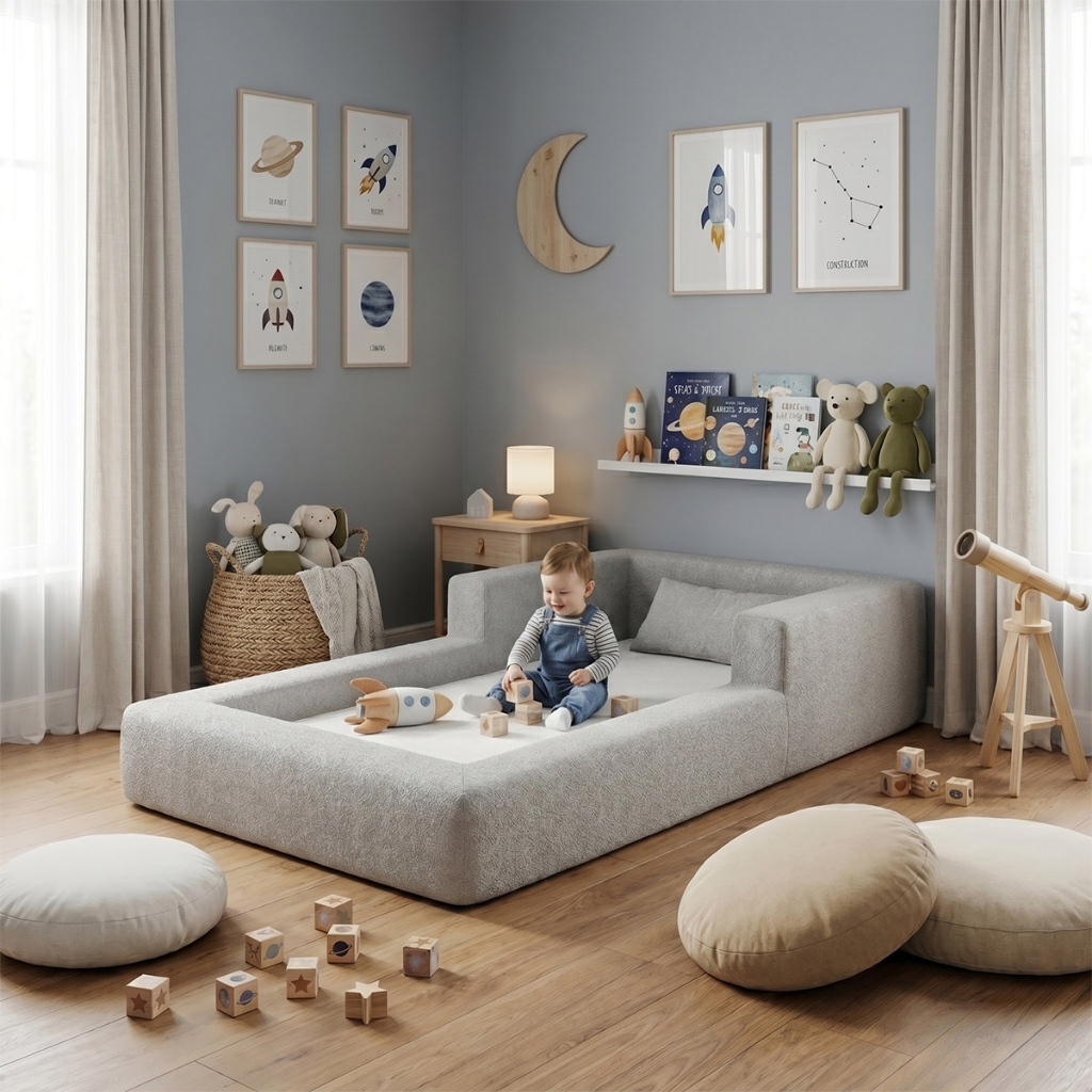 Cama Montessoriana Solteiro Aconchego 100% Espuma Cinza Keiko