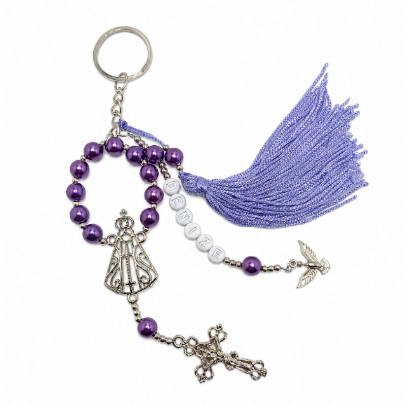 Chaveiro Terço Dezena Nossa Senhora Aparecida Personalizado com Nome Roxo Pérola Presente Católico Tassel Miçangas