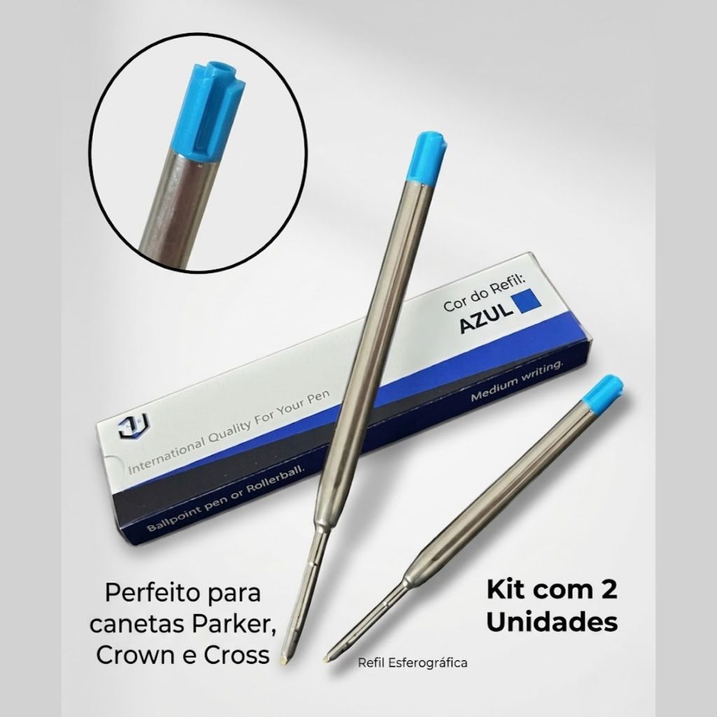 Kit  com 2 Unidades Refil Carga Caneta Roller Esferográfica Azul para Parker Crown Cross