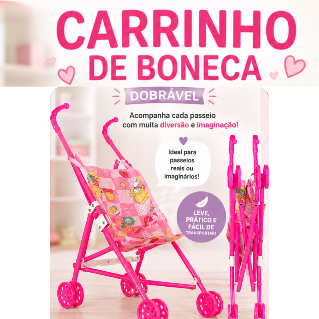 Carrinho Dobravel Boneca Reborn Brinquedo Passeio Bebe Brinquedo Infantil rosa