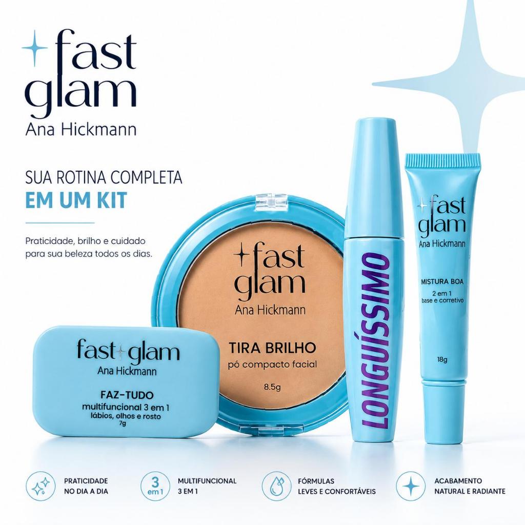 Kit Fast Glam Ana Hickmann Maquiagem Completa para Rosto Olhos e Lábios Efeito Pele de Cinema