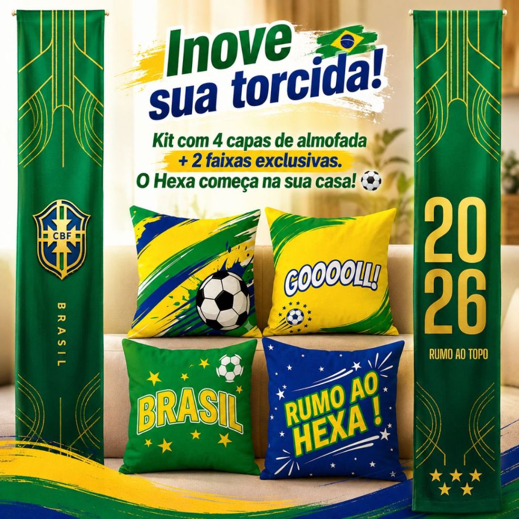 Kit Decoração Brasil 2026 Com Faixas E Almofadas Tema Futebol Copa Do Mundo Seleção Brasileira