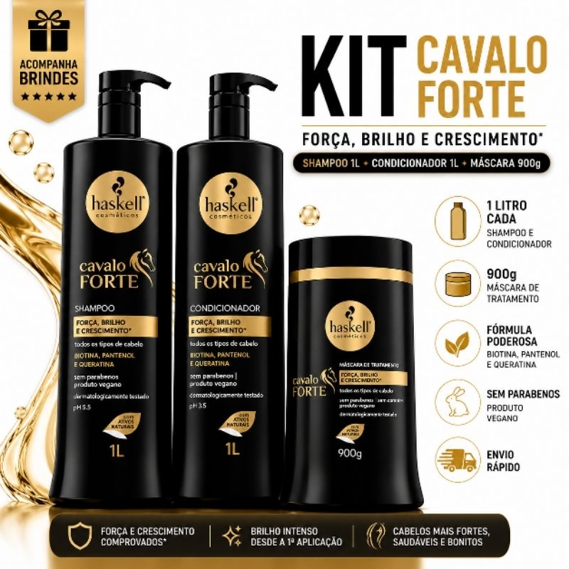 Haskell Cavalo Forte HASKELL COMPLETO  Shampoo 1LT + Concidcionador 1Lt + Máscara 900gr Força Brilho Crescimento