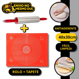 KIT Tapete Culinario Silicone Medidas 40x30cm + Rolo de Massa Giratório Inox Antiaderente Cozinha Profissional