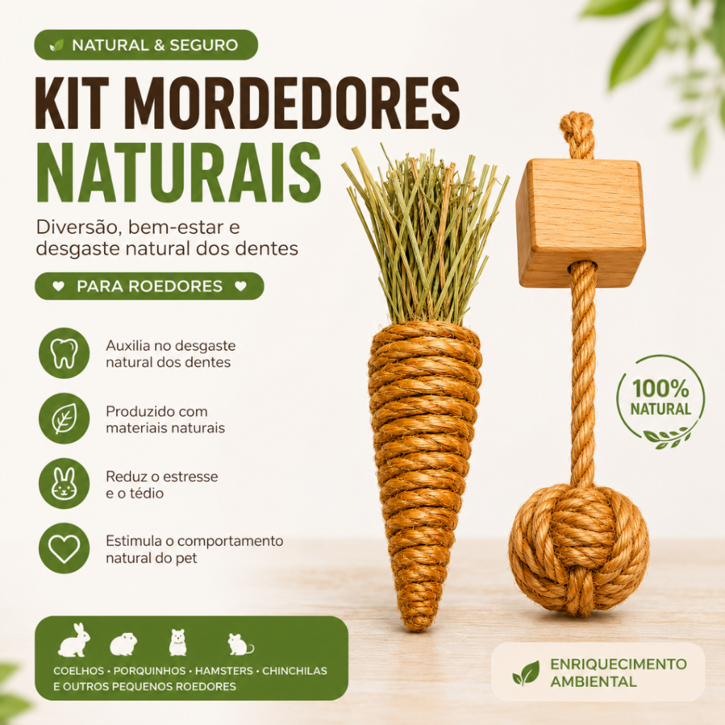 Kit 2 Mordedores Naturais P/ Coelho Hamster Chinchila Porquinho-da-Índia Enriquecimento Ambiental