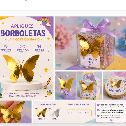 Aplique Borboleta em Lamicote Dourado ou Prata 4 a 7 cm | Para Caixinhas, Tubetes e Lembrancinhas