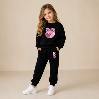 Conjunto Moletom Infantil Agasalho Inverno Fofo Menina Estiloso Coração Rosa Moletom Flanelado