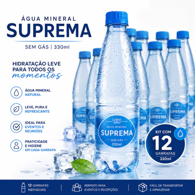 Agua Mineral Pura Com S/ Gás Suprema 330ml Kit 12Un