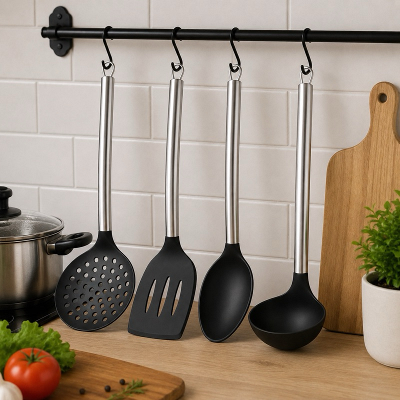 Utensílio de Cozinha Silicone Cabo Inox Colher Concha Espátula Escumadeira
