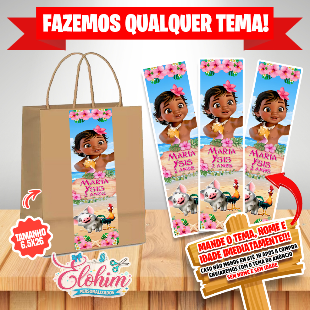 Rótulo Adesivo para personalizar sacolas Kraft / Craft tamanho do adesivo 6,5x26 - Moana Baby