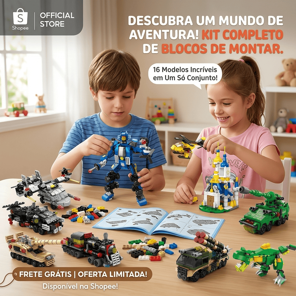 Kit Bricks 6 em 1 Montar Robô, Trem, Polícia | Brinquedo Educativo Compatível Infantil Criança Heroi