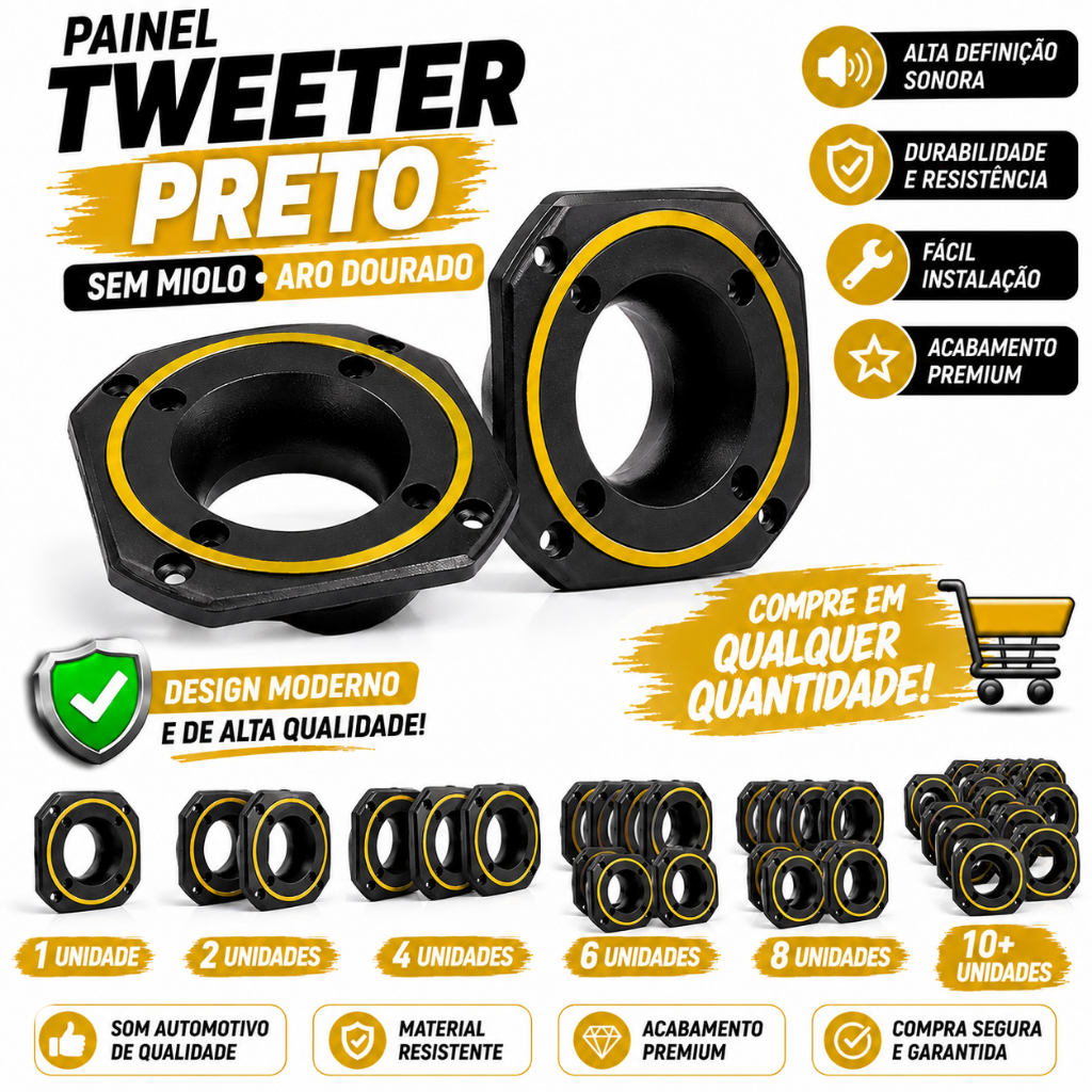 Painel Tweeter Zetta Tiger Preto Som Automotivo Sem Miolo Aro Dourado