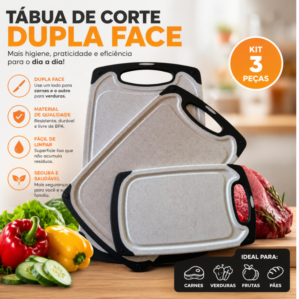 Conjunto 3 Tabuas Multiuso Polipropileno Tabua Corte Bege Carnes Legumes Vegetais Frutas Queijo
