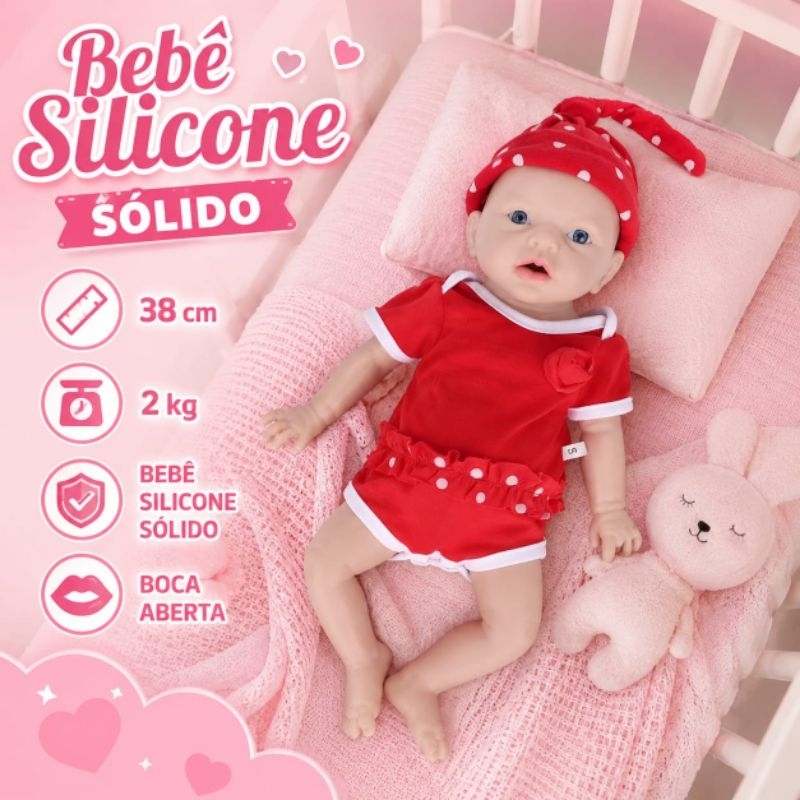 Bebê 100% silicone sólido 38 cm 2kg abre a boca, chupa chupeta de verdade olhos abertos MENINA, bebe sem emendas