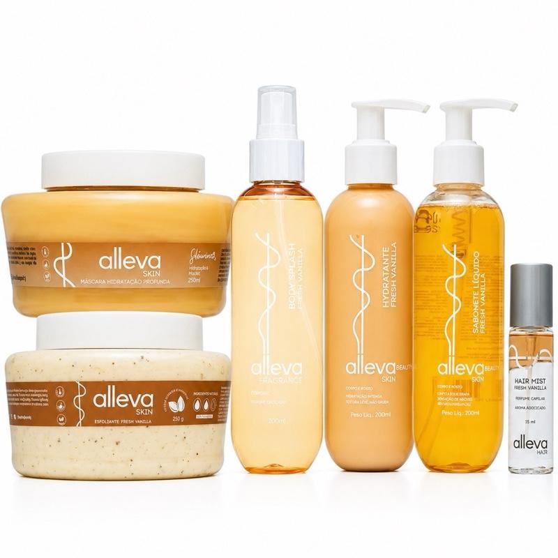 Kit Fresh Vanilla C/ 6 Itens Hidratante Sabonete Geleia Shimmer Body Splash Hair Mist Esfoliante - Alleva