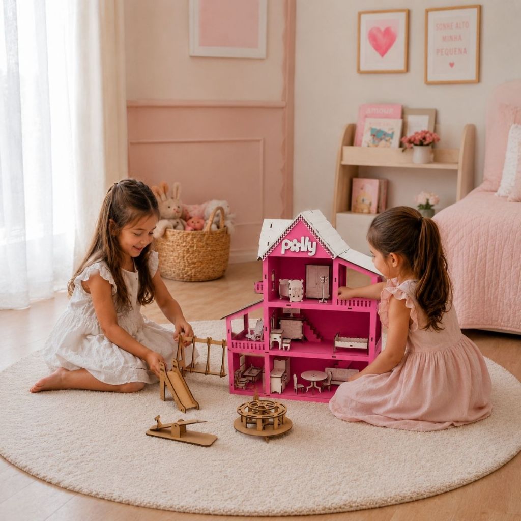 Casa Casinha de Boneca + Kit 19 Moveis acompanha Parquinhos Brinquedos Infantil em Mdf
