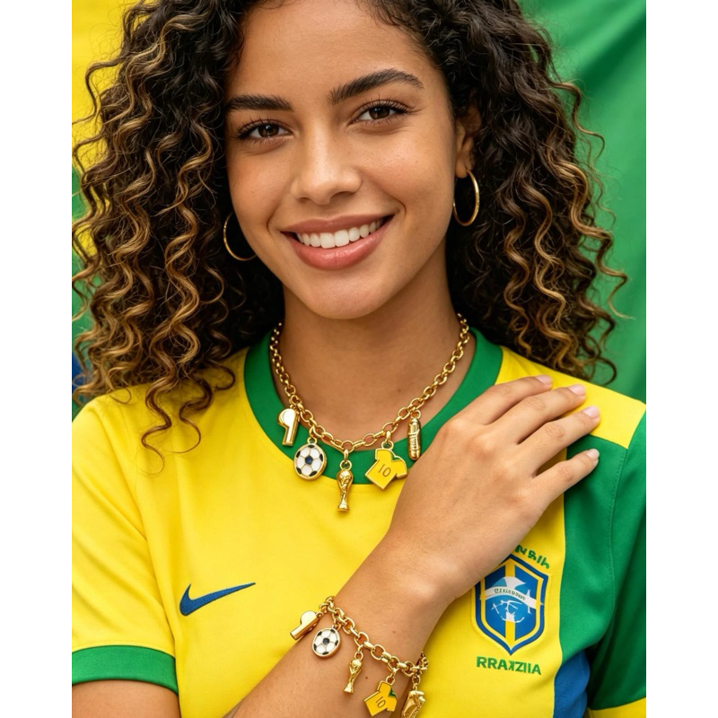 Colar Brasil Corrente Feminina Pulseira Pingentes Brasil Copa Do Mundo