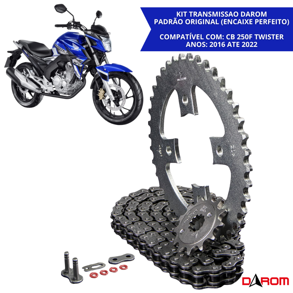 Relação Completa Kit Transmissão Darom Para Honda CB 250F Twister 250 2016 A 2022 Corrente Coroa Pinhão Com Retentor
