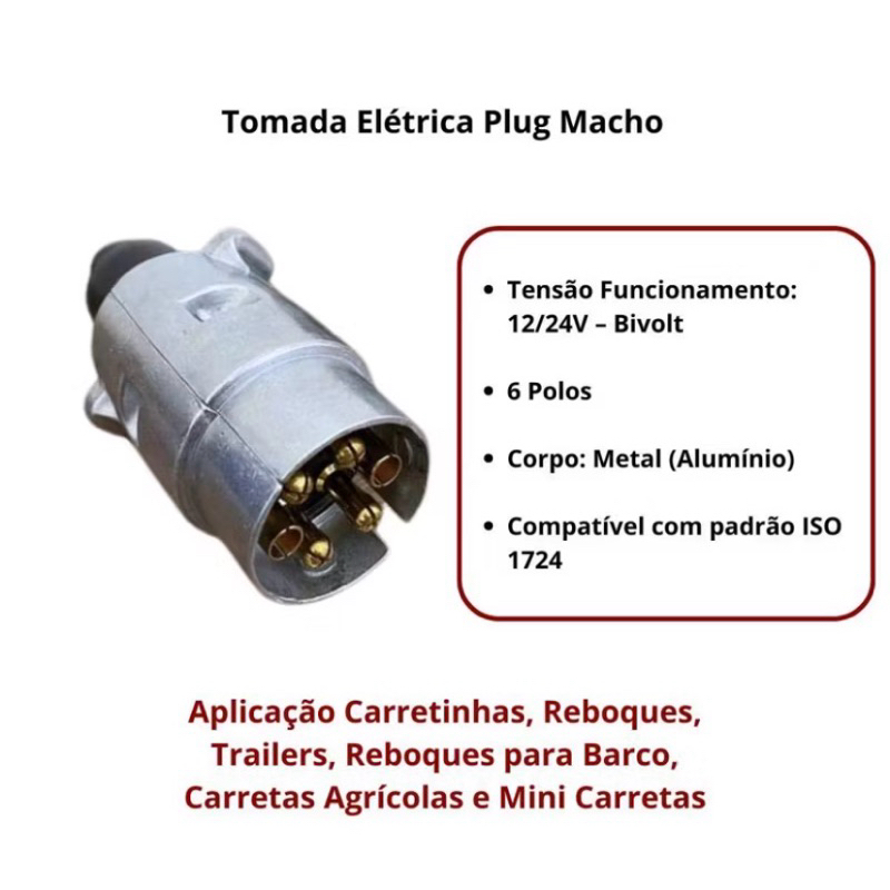 PLUG TOMADA MACHO ALUMÍNIO 7 POLOS PARA CARRETINHA REBOQUE TRAILER ENGATE 2026 — imagem 2 de 2