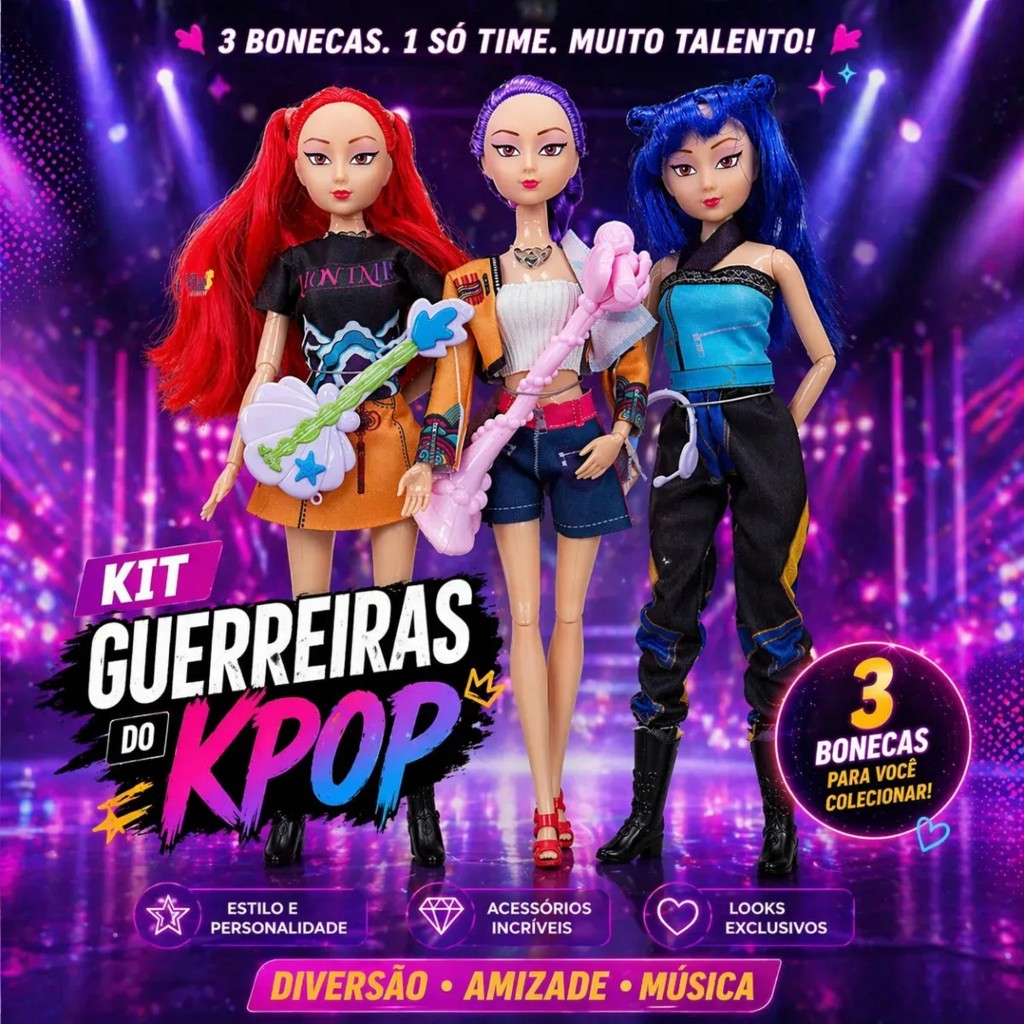 KPOP Kit 3 BONECAS KPOP GUERREIRAS COM MUSICA ACESSORIOS BRINQUEDO BARATO TOP COM MUSICA