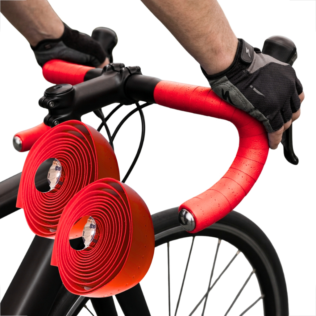 Fita De Guidão Speed Preta Couro Sintético Premium Vermelho Macia Leve Par Com Plugs Cromados