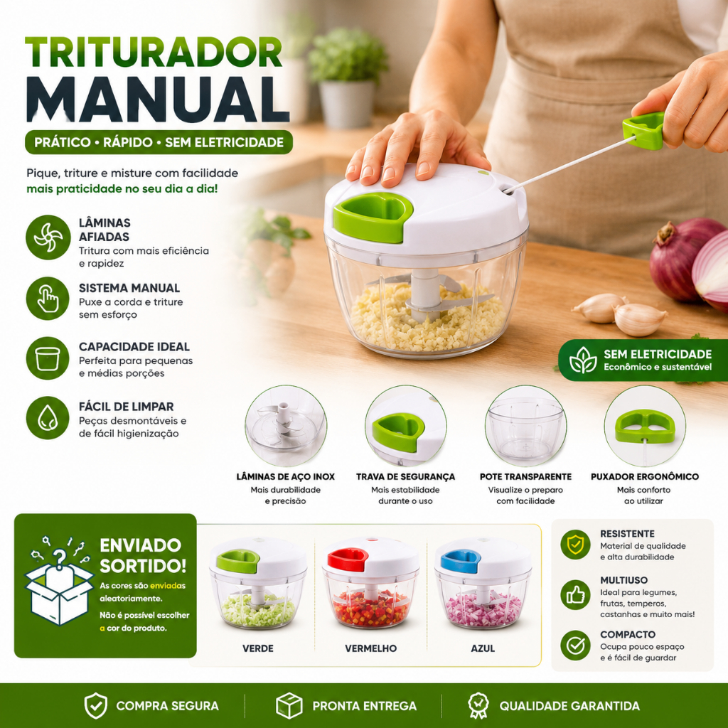 Triturador Manual Alimentos 500ml Processador Compacto 3 Laminas Rapido Facil Uso Cozinha