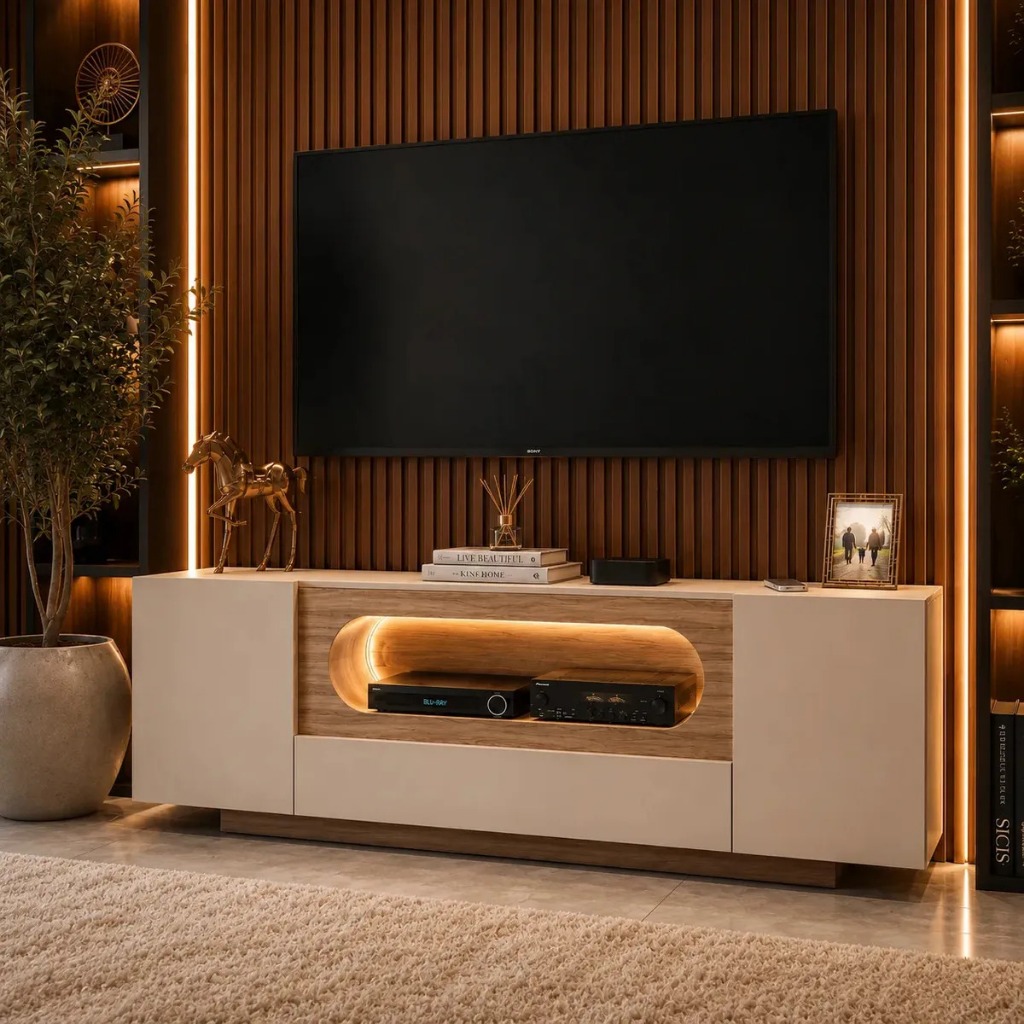 Rack Para TV Até 60 Polegadas Off White Nature LED 136cm 2 Gavetas 1 Nicho Circular Vazado Home Theater Sala MDF MDP
